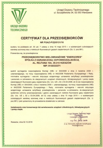 Certyfikat Urzędu Dozoru Technicznego - Energores Rzeszów